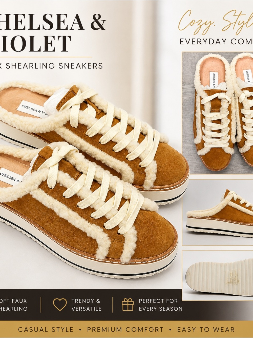 Chelsea & Violet Tan Suede-Look Lace-Up Sneakers with Cream Faux Shearling